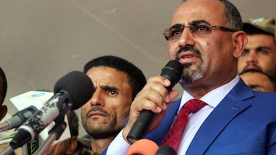 Former Aden governor Aidarous Al Zabidi addresses a rally in his support in Yemen’s southern port city on May 4, 2017. EPA
