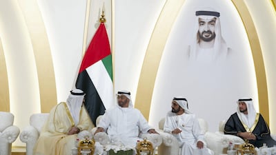 Sheikh Mohammed bin Rashid, Vice President and Ruler of Dubai, and Sheikh Mohamed bin Zayed, Crown Prince of Abu Dhabi and Deputy Supreme Commander of the UAE Armed Forces, with Mohammed Al Gergawi and his son Saeed at the wedding reception in Dubai World Trade Centre. Mohamed Al Hammadi / Ministry of Presidential Affairs