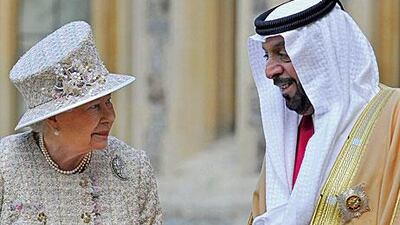 Queen Elizabeth II speaks to the President of the United Arab Emirates, His Highness Sheikh Khalifa bin Zayed Al Nahyan, during a ceremonial welcome at Windsor Castle. Toby Melville / WPA Pool / Getty Images