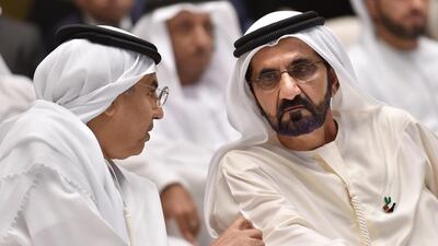 Sheikh Mohammed bin Rashid, Vice President and Ruler of Dubai, right, with Obaid Humaid Al Tayer, Minister of State for Financial Affairs, during the launch of the Sheikh Mohammed bin Rashid Al Maktoum Fund to Finance Innovation. Wam