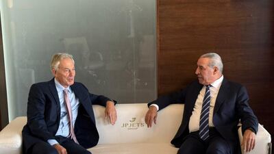 Former British prime minister Tony Blair met Palestinian Vice President Hussein Al Sheikh to discuss post-war plans for Gaza. Photo: Hussein Al Sheikh