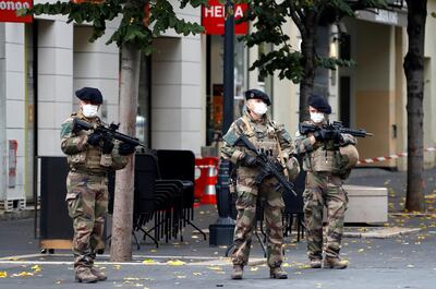 Soldiers patrol near Notre Dame church in Nice. AP