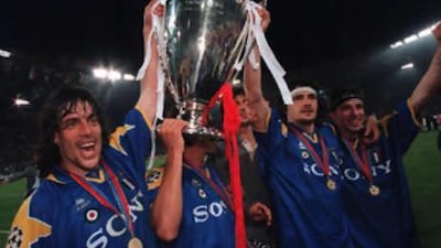 Moreno Torricelli , Michele Padovano and Alessandro Del Piero celebrate Juve's 1996 win.