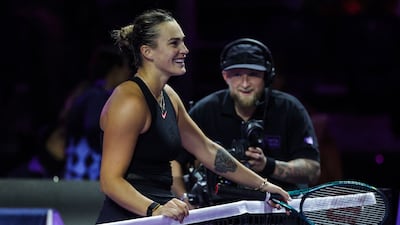 Aryna Sabalenka after defeating Zheng Qinwen in WTA Finals opening match in Riyadh on Saturday, November 2, 2024. AFP