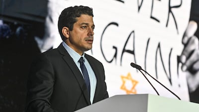 Amichai Chikli delivering a speech in Krakow, Poland. Getty Images