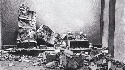 Mosul Museum Interiors. Piers used the charcoal gathered from the partly burned Mosul Museum to make ink by the traditional process of grinding the charcoal into a powder with a mortar and pestle, mixing in with alcohol and then Gum Arabic. Courtesy Ashmolean, University of Oxford