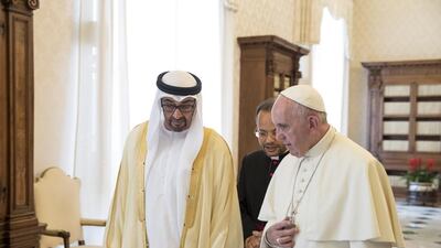 Sheikh Mohamed bin Zayed, Crown Prince of Abu Dhabi and Deputy Supreme Commander of the Armed Forces, with Pope Francis in the Papal Library at the Apostolic Palace. Ryan Carter / Crown Prince Court – Abu Dhabi