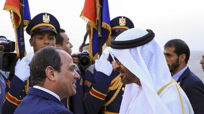 Sheikh Mohammed bin Zayed greets Abdel Fattah El Sisi, President of Egypt. Mohammed Al Hammadi / Crown Prince Court — Abu Dhabi