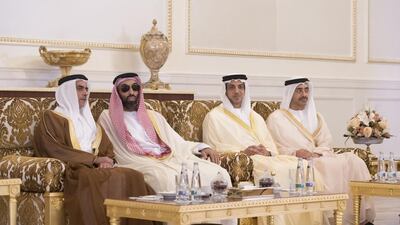 Sheikh Saif bin Zayed, Deputy Prime Minister and Minister of Interior, Sheikh Tahnoon bin Zayed, National Security Advisor, Sheikh Mansour bin Zayed, Deputy Prime Minister and Minister of Presidential Affairs and Sheikh Abdullah bin Zayed, Minister of Foreign Affairs and International Cooperation, attend a reception for Abdel Fattah El Sisi, President of Egypt (not shown), at the Presidential Airport. Hamad Al Kaabi / Crown Prince Court - Abu Dhabi