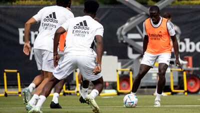 Ferland Mendy, right, during Real Madrid training in Los Angeles. EPA