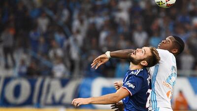 Marseille’s Aaron Leya Iseka, right, vies with Lyon’s Lucas Tousart during their Ligue 1 match on Sunday. Boris Horvat / AFP