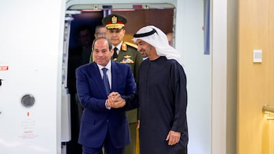 President Sheikh Mohamed receives Egyptian President Abdel Fattah El Sisi at the Presidential Airport in Abu Dhabi