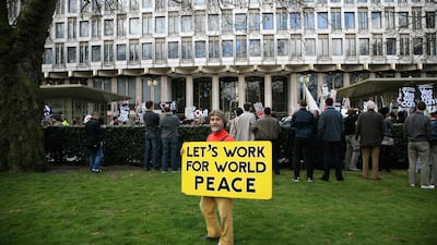 Protesters gather at the embassy to march to Trafalgar Square in 2009, demanding action on poverty, climate change and jobs, as world leaders arrived in London for the G20 summit. Getty Images