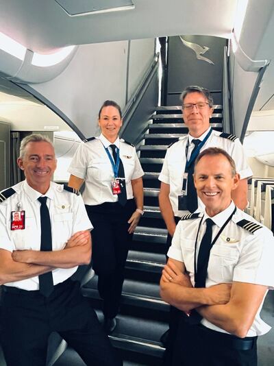 Qantas crew onboard the first A380 to return to Australia since the onset of the global pandemic