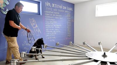 Bosnian dog trainer leads a Belgian Malinois dog through a scent marking facility. AFP