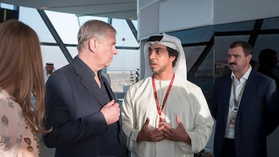 Sheikh Mansour bin Zayed, Deputy Prime Minister and Minister of Presidential Affairs, speaks with Prince Andrew, Duke of York, on the final day of the 2016 Formula 1 Etihad Airways Abu Dhabi Grand Prix. Seen with Viktor Lukashenko, National Security Advisor to the President of Belarus (back R). Ryan Carter / Crown Prince Court - Abu Dhabi