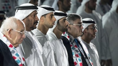Sheikh Saeed bin Mohamed (second left), Sheikh Khaled bin Zayed, Chairman of the Board of Zayed Higher Organization for Humanitarian Care and Special Needs (third left), Sheikh Mansour bin Mohamed bin Rashid fourth left), attend the festivities. Mohamed Al Hammadi / Crown Prince Court