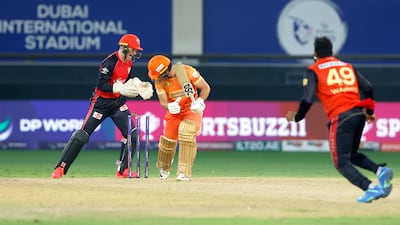 Chris Lynn of Gulf Giants is clean bowled by Wanindu Hasaranga.