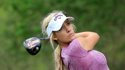 Paige Spiranac of the United States in action during her practice round as a preview for the 2015 Omega Dubai Ladies Masters on the Majlis Course at The Emirates Golf Club on December 7, 2015 in Dubai, United Arab Emirates. (Photo by David Cannon/Getty Images)
