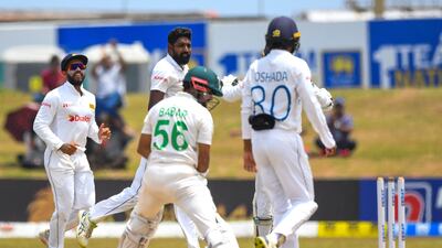 Sri Lanka's Prabath Jayasuriya took the prized wicket of captain Babar Azam. AFP