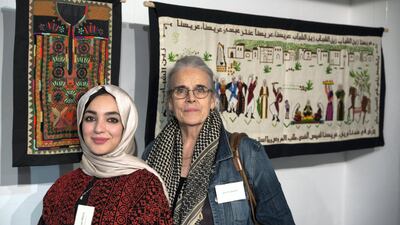 Right, Jan Chalmers, founder of the Palestinian History Tapestry Project, and Jehan Alfarra, who helped select the works on display at the exhibition at the P21 Gallery in London. William Parry