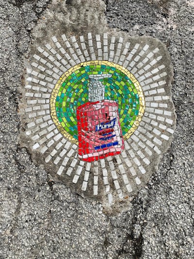 Jim Bachor's mosaic, depicting a bottle of hand sanitiser. Reuters