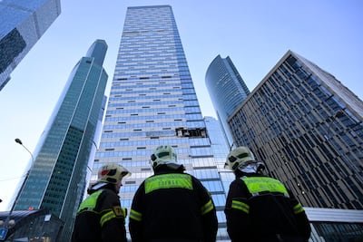 A damaged skyscraper in Moscow's business district after a reported drone attack last week. AP
