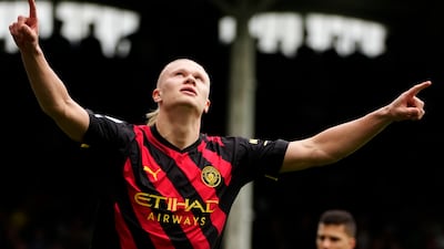Manchester City's Erling Haaland celebrates after scoring against Fulham. AP