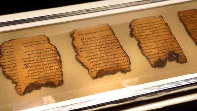 DENVER, CO - MARCH 6: A detailed image of one of the Dead Sea Scrolls that will be on display as part of the upcoming Dead Sea Scrolls exhibit opening soon at the Denver Museum of Nature and Science on March 6, 2018 in Denver, Colorado. These rare scrolls are part of the upcoming Dead Sea Scrolls exhibit that opens March 16th. The exhibit is considered to be a once-in-a-lifetime opportunity to see authentic Dead Sea Scrolls. This set is part of the Psalms fragments of the scrolls. They are written in Hebrew on parchment paper. They represent one of the 972 texts of the Dead Sea Scrolls. The Dead Sea Scrolls are a record of laws, customs, and beliefs in the ancient Middle East, written in Hebrew, Aramaic, and Greek between 200 BCE and 70 CE. (Photo by Helen H. Richardson/The Denver Post via Getty Images)