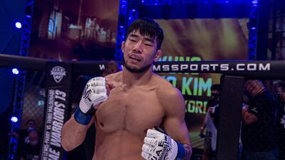 Kim Kyung-pyo celebrates after his first round win over Shamil Aminov.UAE Warriors 13 at The Rotunda Caesars Palace Bluewaters in Dubai, September 25, 2020. Courtesy UAE Warriors