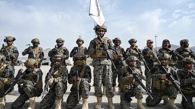 Taliban Badri special force fighters take a position at the airport in Kabul, after the US pulled all its troops out of the country. AFP