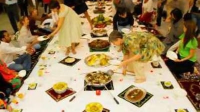 Edible art iftar at Jam Jar Gallery, in Al Quoz. Created by artist Gita Meh, the installation features an edible tablecloth.