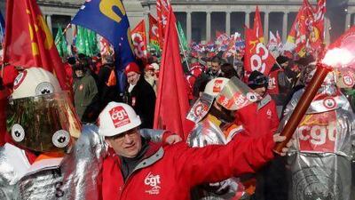 Protesters take part in an anti-austerity rally at the Parc Cinquentenaire (Jubelpark) in Brussels, Belgium.