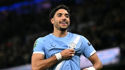 Manchester City striker Omar Marmoush celebrates scoring his second goal in a 3-1 win over Newcastle. AFP