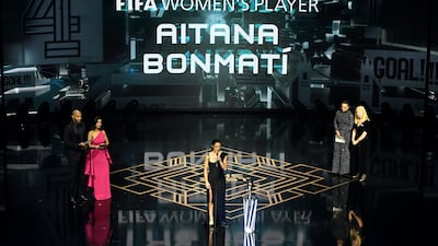 Fifa Best Women's Award winner Aitana Bonmati on stage to collect her trophy. Getty
