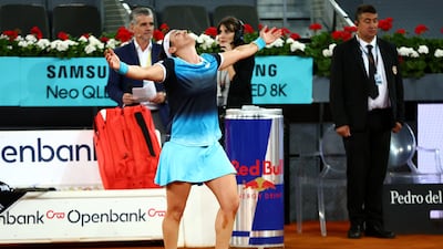 MADRID, SPAIN - MAY 07: Ons Jabeur of Tunisia celebrates victory during the Women's Singles final match against Jessica Pegula of the United States during day ten of Mutua Madrid Open at La Caja Magica on May 07, 2022 in Madrid, Spain. (Photo by Clive Brunskill / Getty Images)