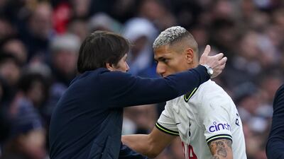 Tottenham manager Antonio Conte greets Richarlison as he is substituted. PA