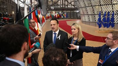 Mr Varadkar speaks to the media as he arrives for a European Council leaders' summit in Brussels in March 2018. Getty Images