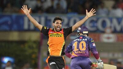 Sunrisers Hyderabad bowler Bhuvneshwar Kumar unsuccessfully appeals against Rising Pune Supergiants and Sunrisers Hyderabad. Noah Seelam / AFP