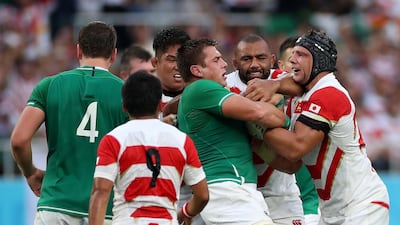 Players argue during the Rugby World Cup 2019 Group A game between Japan and Ireland at Shizuoka Stadium Ecopa in Fukuroi, Shizuoka, Japan. Getty Images
