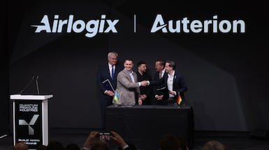 Lorenz Meier with Ukrainian President Volodymyr Zelensky, German Defence Minister Boris Pistorius and Ukrainian Foreign Minister Andrii Sybiha as Ukrainian drone producer Airlogix and German autonomous robots maker Auterion sign a production deal. Sean Gallup / Getty Images