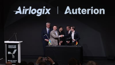 Lorenz Meier with Ukrainian President Volodymyr Zelensky, German Defence Minister Boris Pistorius and Ukrainian Foreign Minister Andrii Sybiha as Ukrainian drone producer Airlogix and German autonomous robots maker Auterion sign a production deal. Sean Gallup / Getty Images