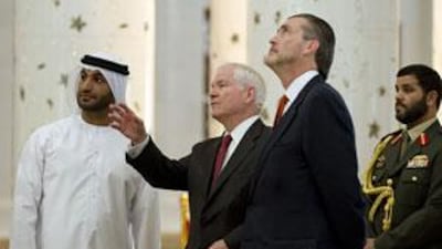 Robert Gates, the US defence secretary, second from left, at the Sheikh Zayed Grand Mosque in Abu Dhabi yesterday during a diplomatic visit to garner support for tougher sanctions against Iran.