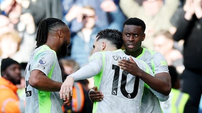 Marc Guehi and Rayan Cherki celebrate the second goal. Reuters