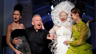Designer Jean Paul Gaultier onstage with his models for the finale of the Haute Couture Fall/Winter 2016/2017 collection. REUTERS