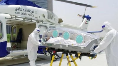 An isolation capsule launched by the air ambulance unit of the Abu Dhabi police to transport Covid-19 patients and others suffering from infectious diseases. Courtesy: Abu Dhabi Police