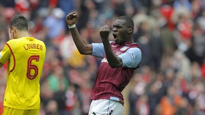 Christian Benteke shown celebrating after Aston Villa defeated Liverpool in the FA Cup semi-final in April. Malcolm Couzens / Sportimage / Cal Sport Media / AP Images / April 19, 2015