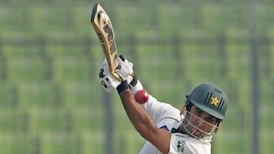 Pakistan's Taufeeq Umar plays a shot on his way to an unbeaten 44 against Bangladesh.