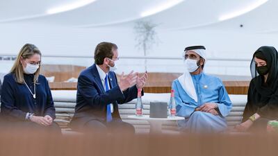 Sheikh Mohammed bin Rashid, Vice President and Ruler of Dubai, receives President Isaac Herzog at Expo 2020 Dubai on the second day of the Israel leader's visit to the UAE. Photo: Twitter