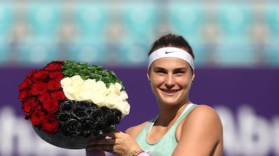 Aryna Sabalenka of Belarus celebrates victory over Russia's Veronika Kudermetova after winning the final of the Abu Dhabi WTA Women's Tennis Open at Zayed Sports City, on Wednesday, January 13. Getty